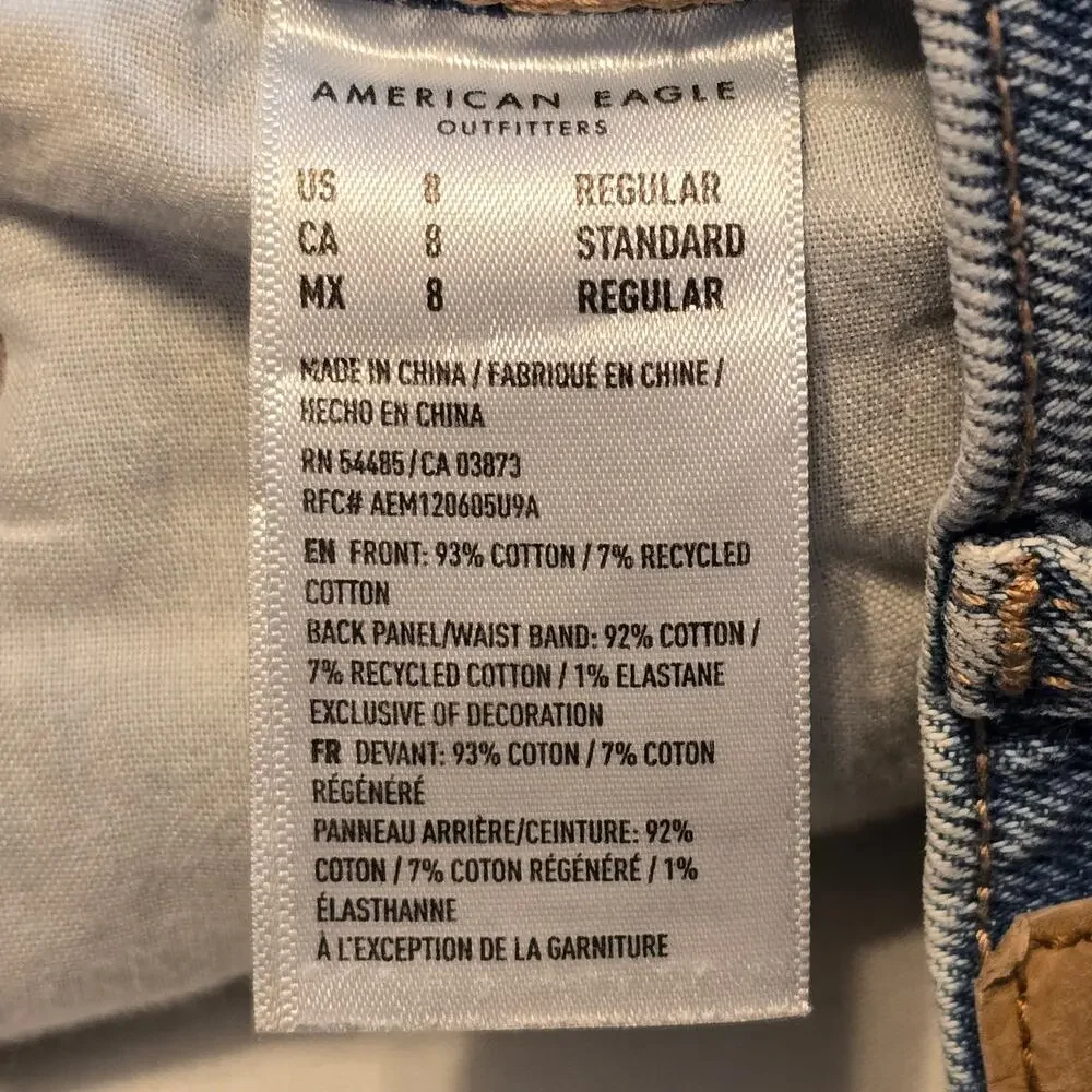 American Eagle High Rise Baggy Straight Jeans Womens 8 Reg Blue Thrashed Ripped